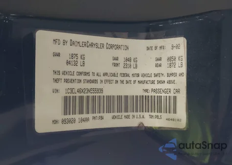 2003 Chrysler Sebring Lx из США, поврежденный, VIN 1C3EL46X23N555939